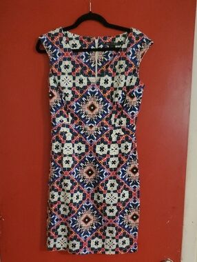 French Connection Multicolor Geometric Midi Dress in Blue, White & Pink SZ 8